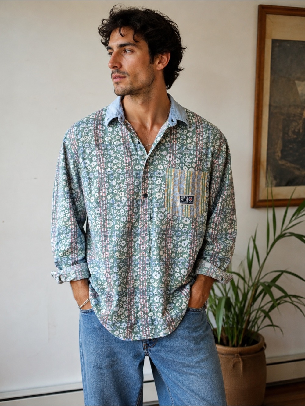 Vintage 90s Men’s Euro Mixed Floral Striped Button Up Shirt Verte Vallee S / M